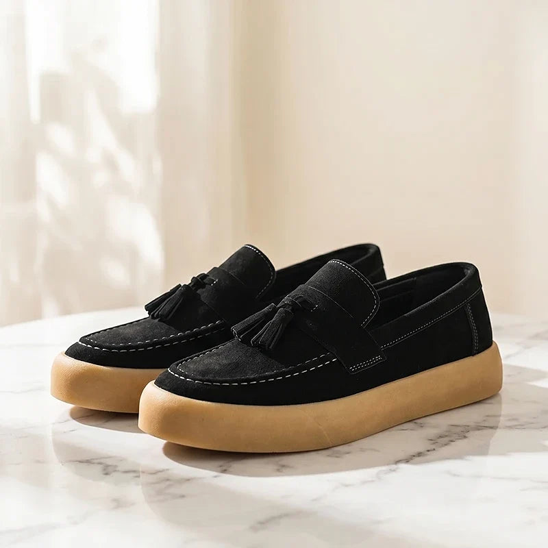 Men's Tassel Loafers- Suede-Look Upper and Tan Sole
