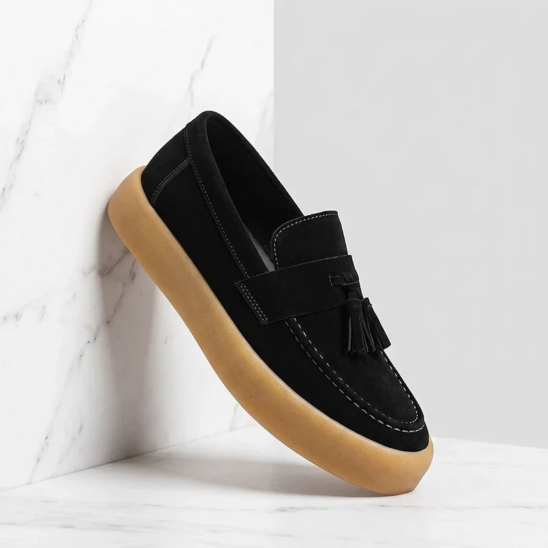 Men's Tassel Loafers- Suede-Look Upper and Tan Sole