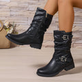 Women's Mid-Calf Boots - Slouch Buckle Flat Shoes