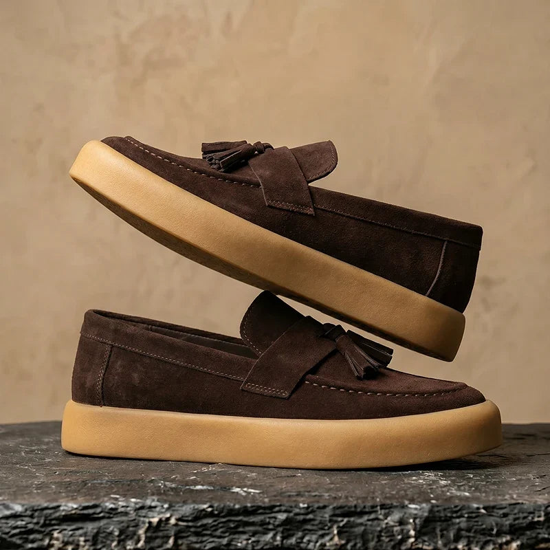Men's Tassel Loafers- Suede-Look Upper and Tan Sole
