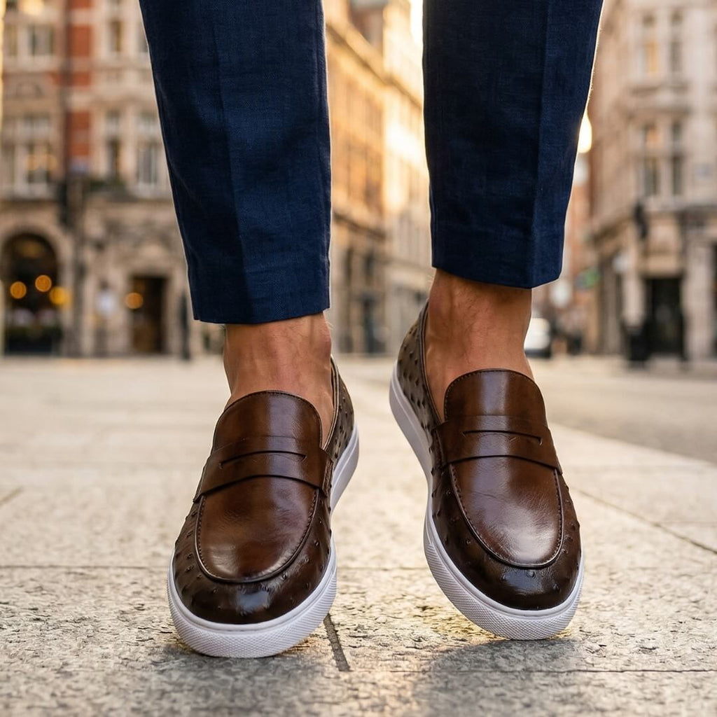 Men's Penny Loafers- Textured Panels and Contrast Sole