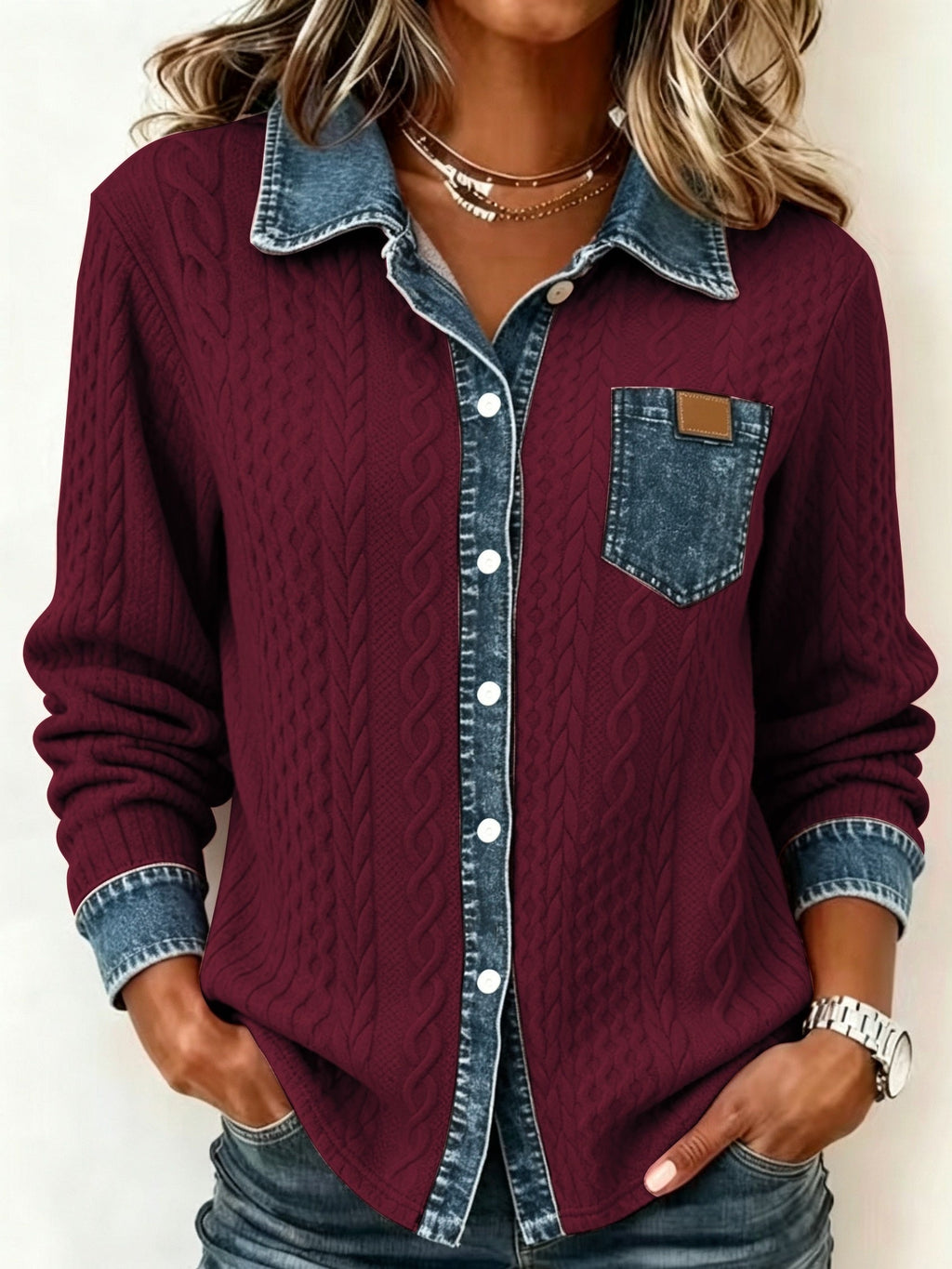 Women's Cable-Knit Cardigan - Contrast Collar Button-Front Knitwear