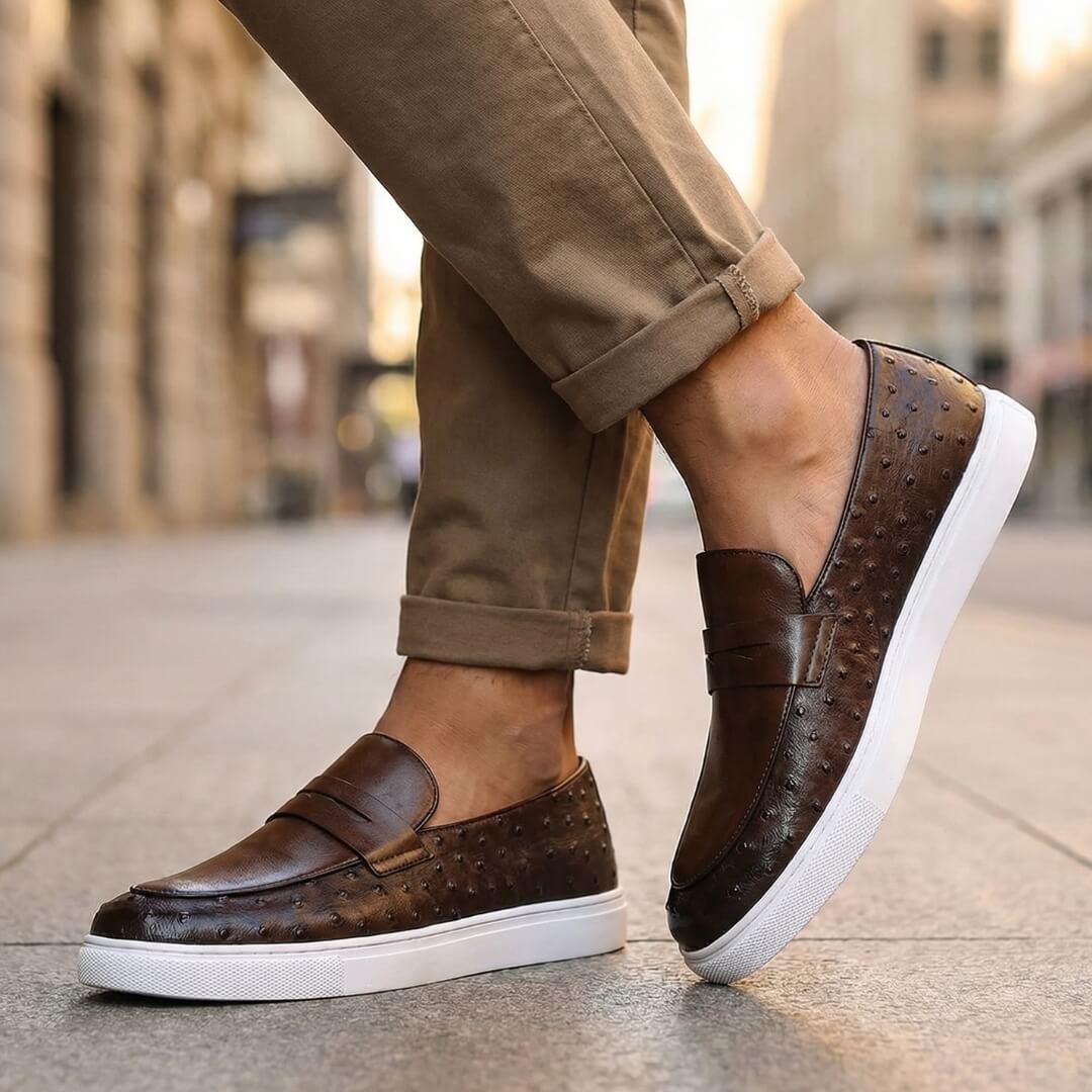 Men's Penny Loafers- Textured Panels and Contrast Sole