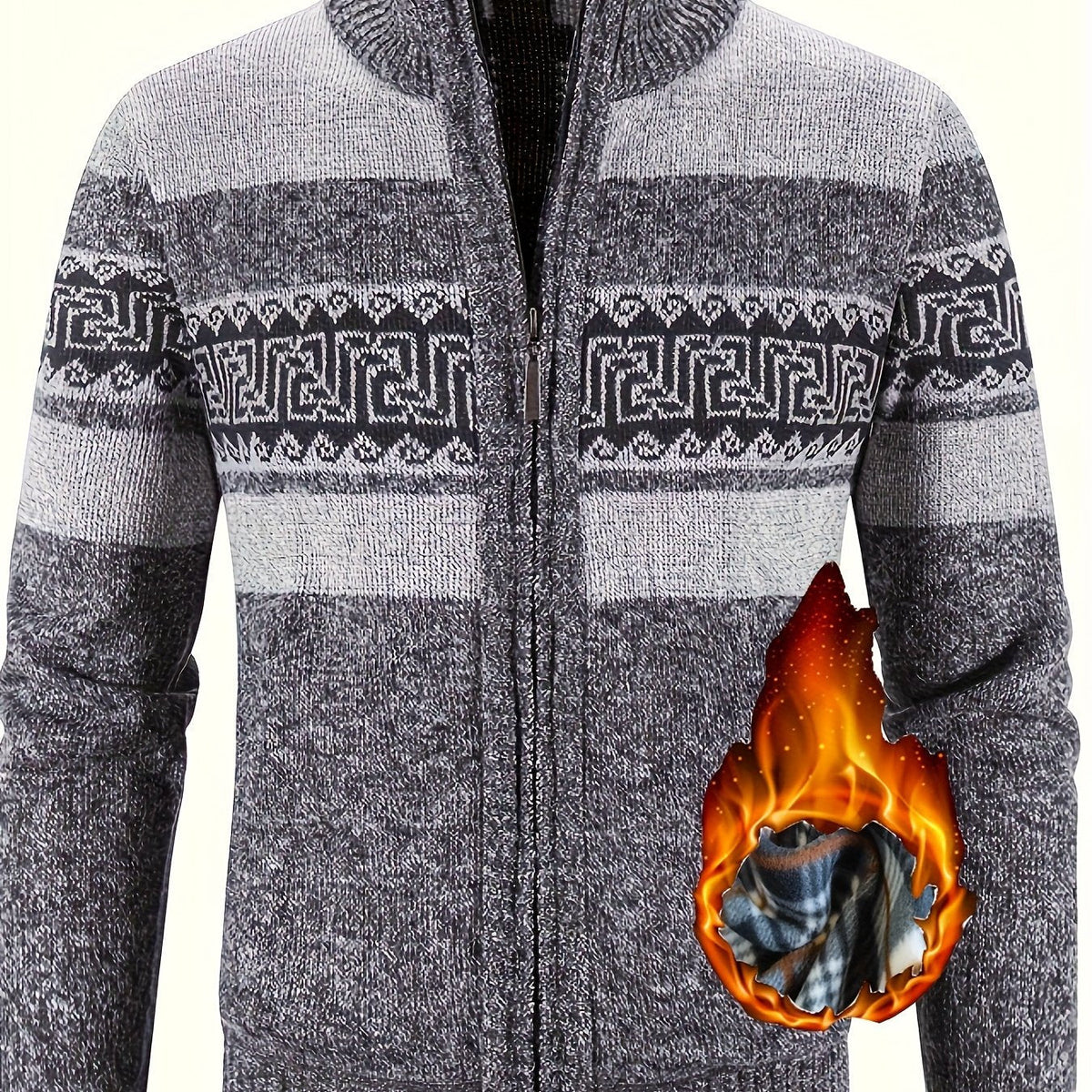Men's Patterned Cardigan - Full-Zip Stand-Collar Knitwear