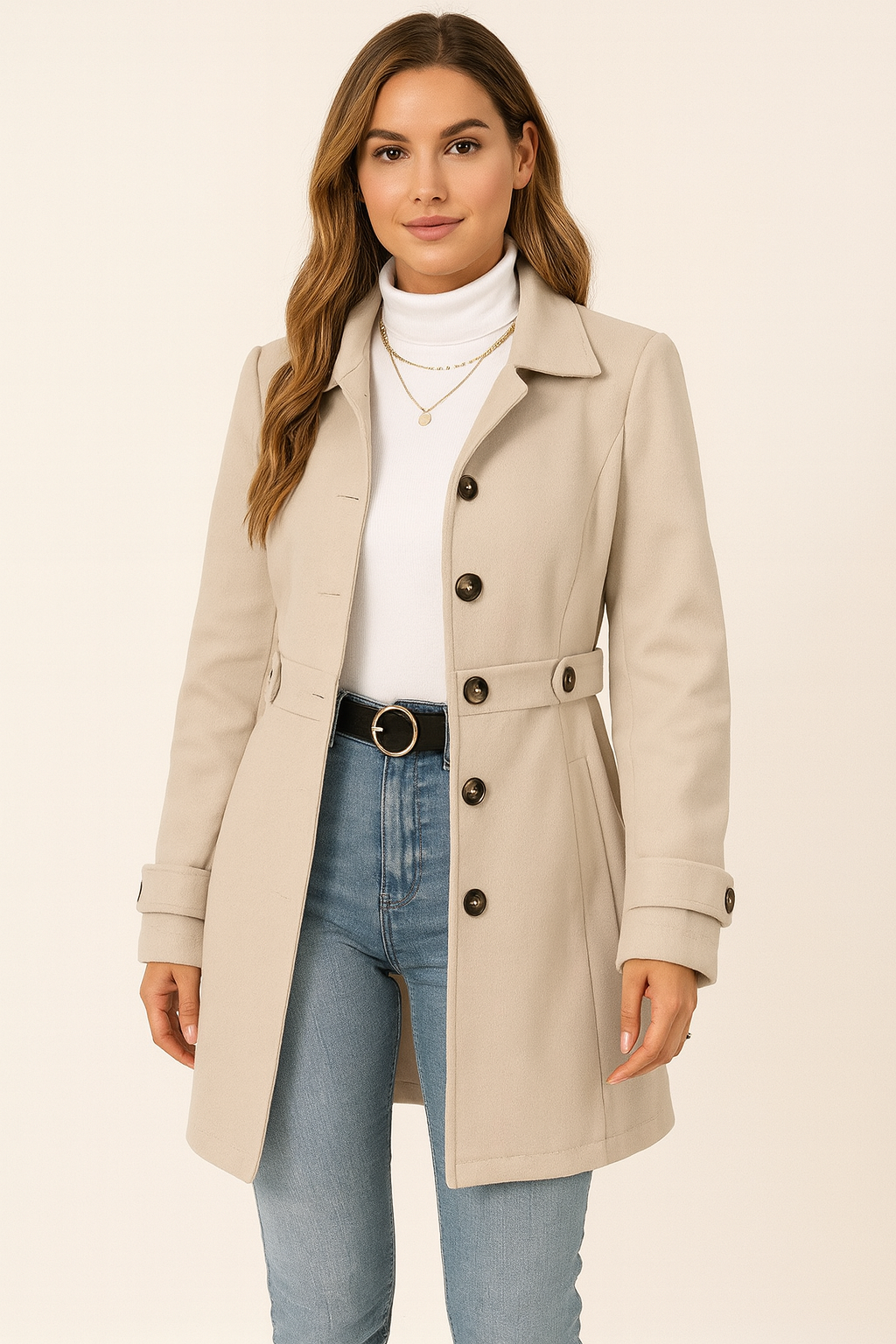 Women's Belted Trench Coat - Mid-Season Button-Front Jacket