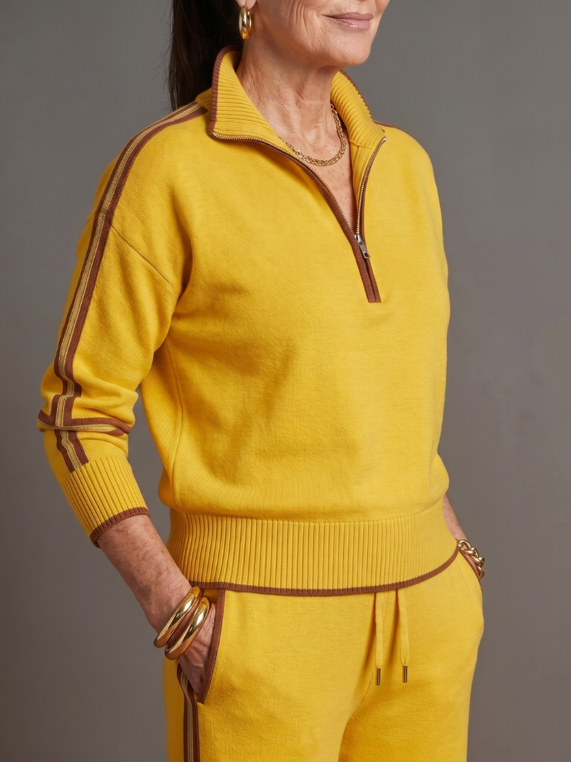 Women's Two-Piece Tracksuit- Zip-Neck Top and Side-Stripe Trousers