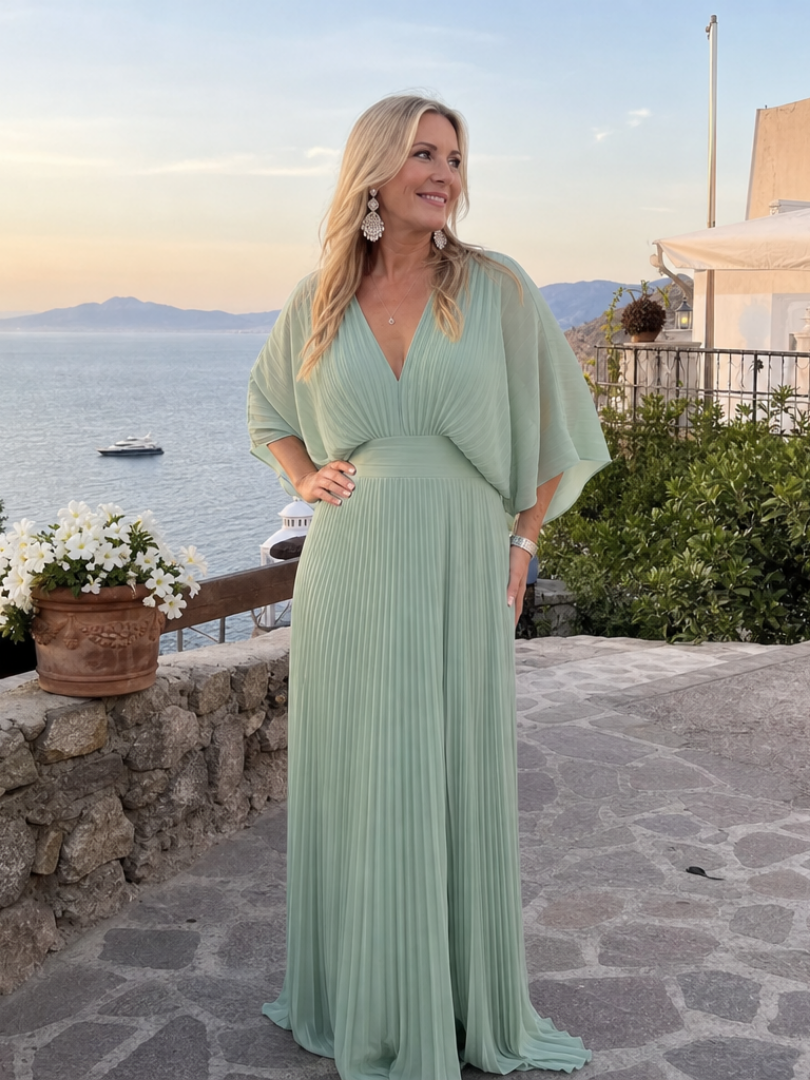 Women's Pleated Maxi Dress- V-Neck and Long Sleeves