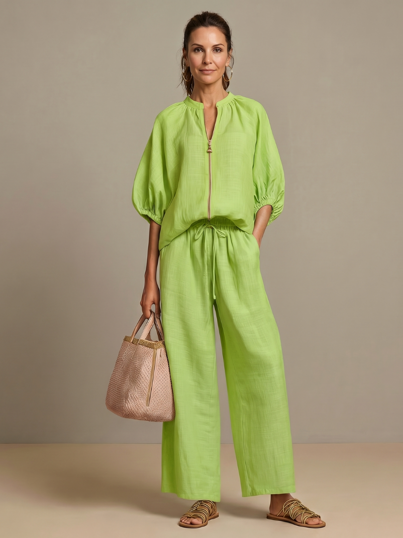 Women's Two-Piece Trouser Set- Zip-Front Blouson