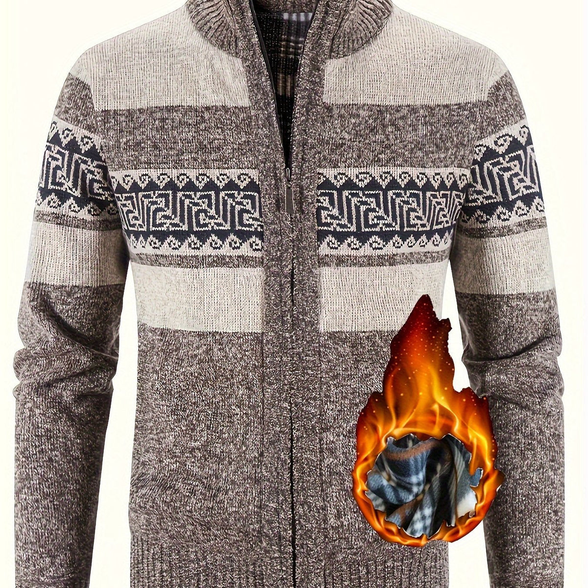 Men's Patterned Cardigan - Full-Zip Stand-Collar Knitwear