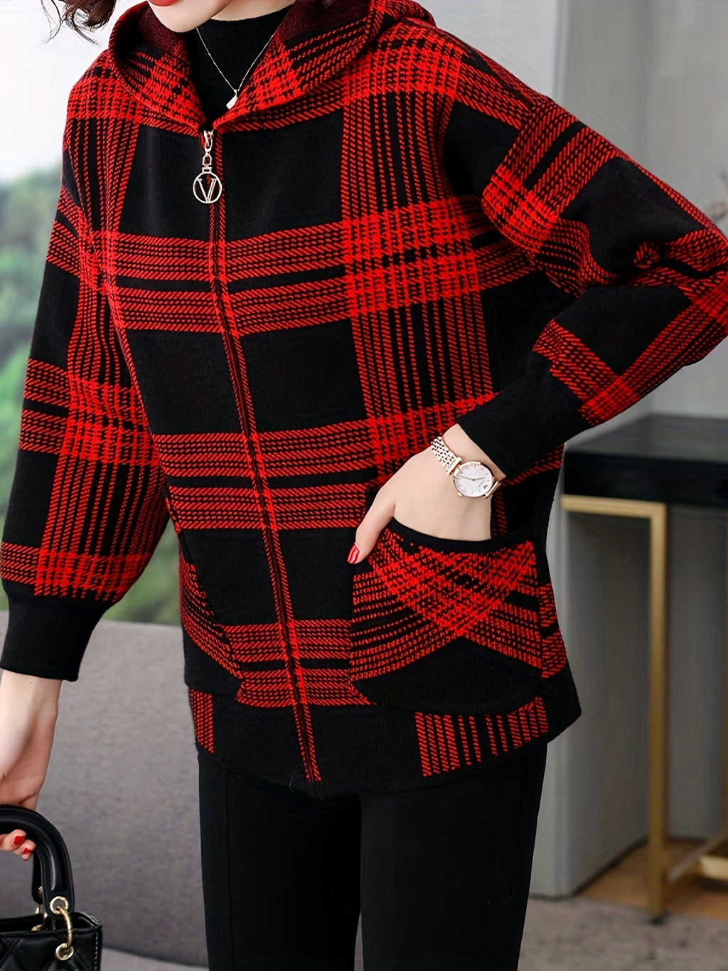 Women's Checked Hooded Jacket - Zip-Up Outerwear