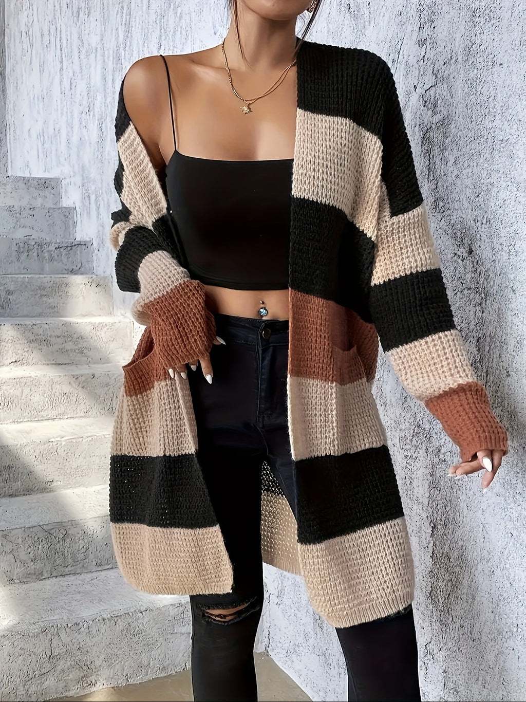 Women's Colour-Block Cardigan - Longline Open-Front Knitwear