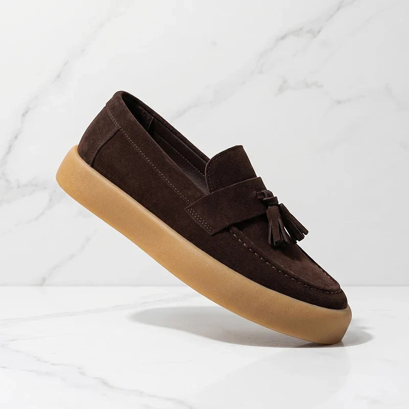 Men's Tassel Loafers- Suede-Look Upper and Tan Sole