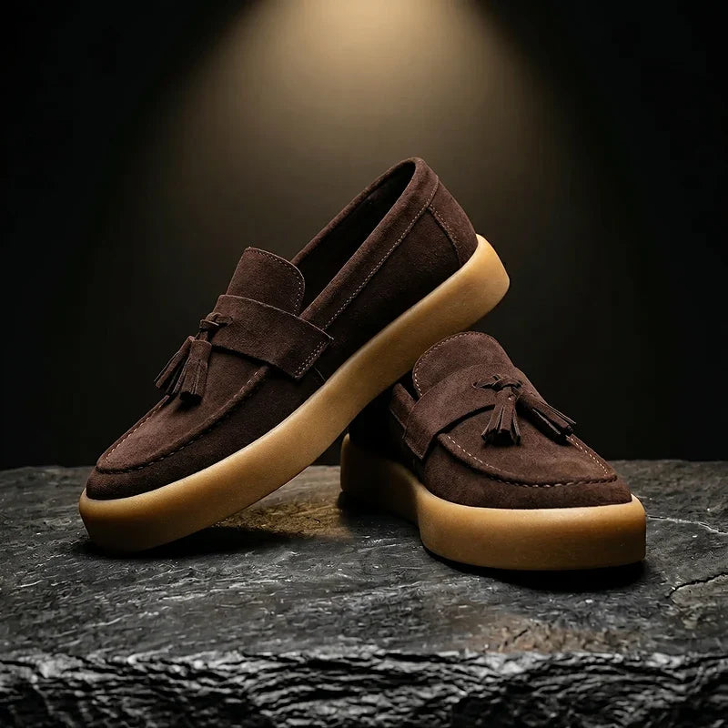 Men's Tassel Loafers- Suede-Look Upper and Tan Sole