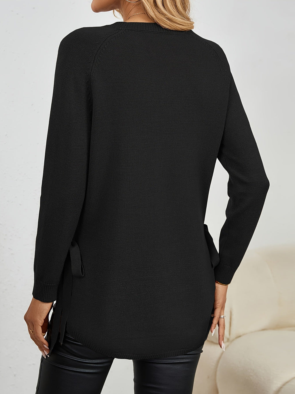 Women's Longline Sweater - Round Neck Side-Slit Knit Top