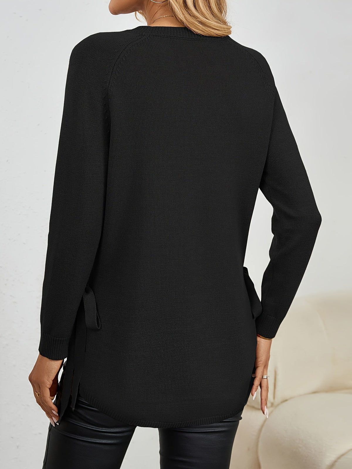 Women's Longline Sweater - Round Neck Side-Slit Knit Top