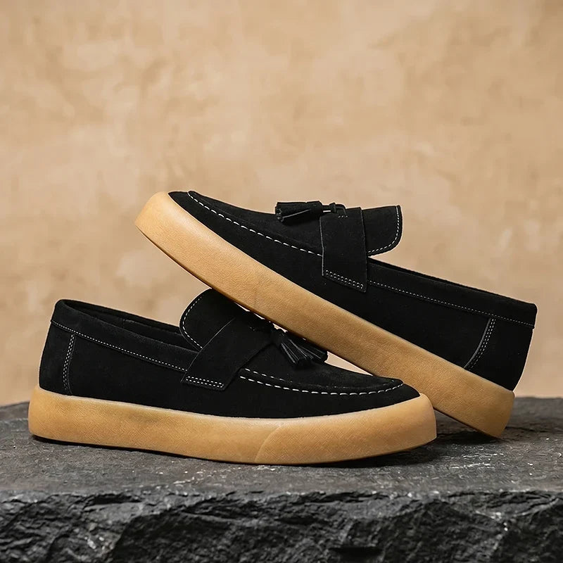 Men's Tassel Loafers- Suede-Look Upper and Tan Sole
