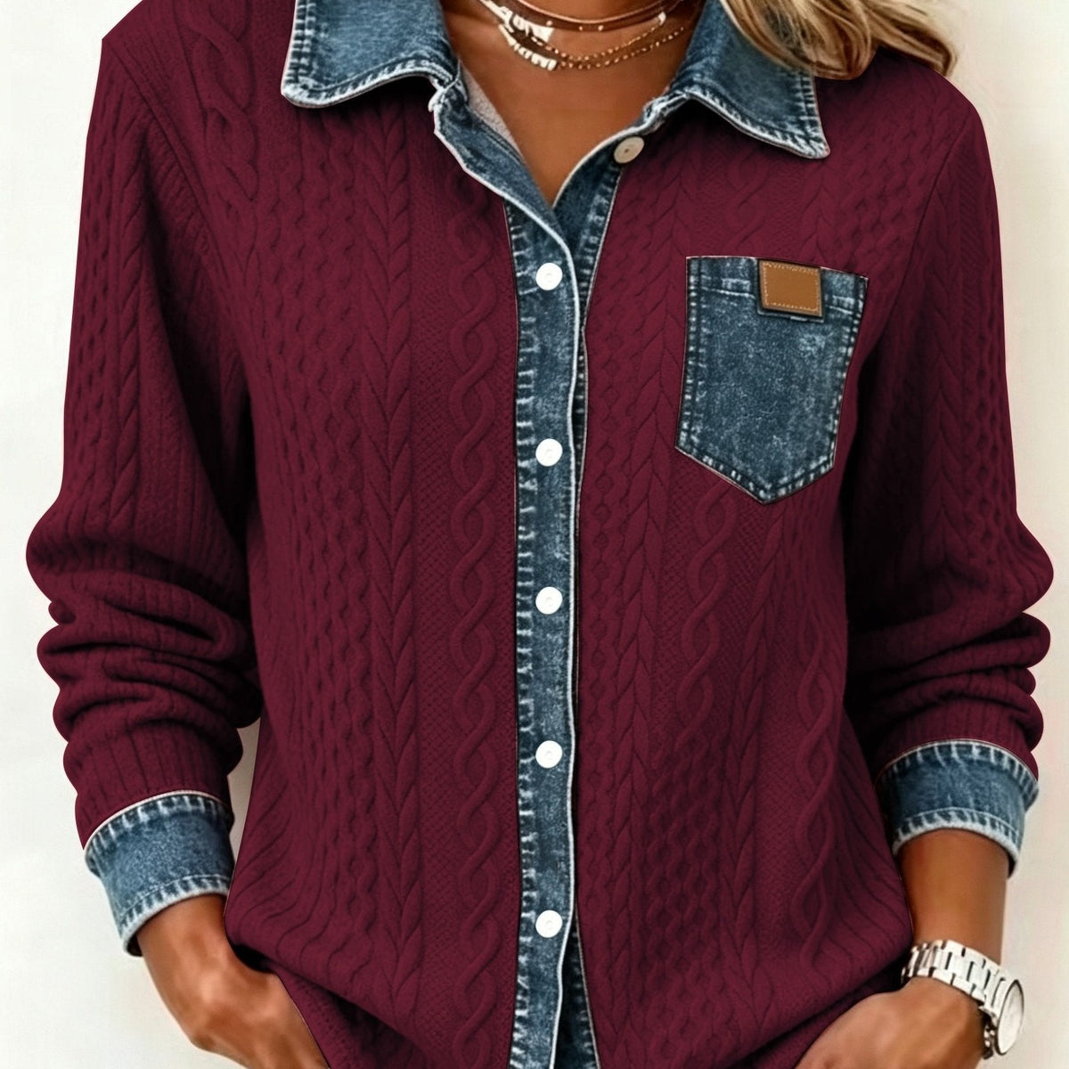 Women's Cable-Knit Cardigan - Contrast Collar Button-Front Knitwear