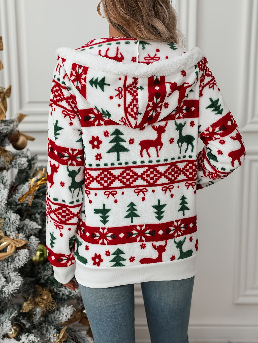 Women's Christmas Hooded Cardigan - Zip Front