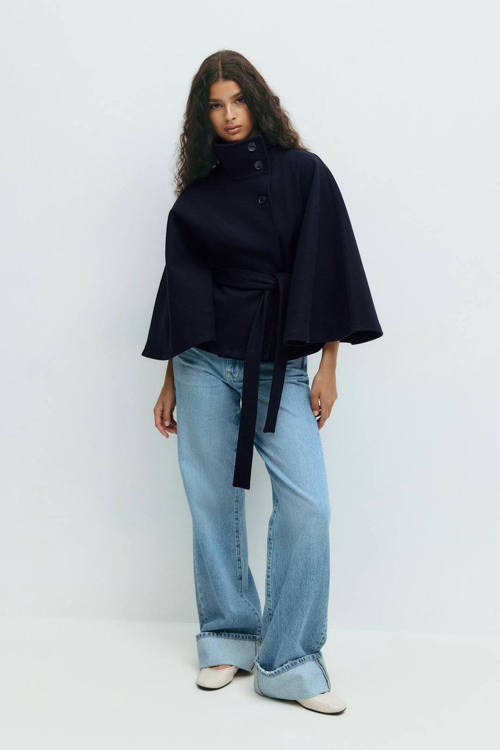 Women's Cape Coat - High-Collar Belted Winter Jacket