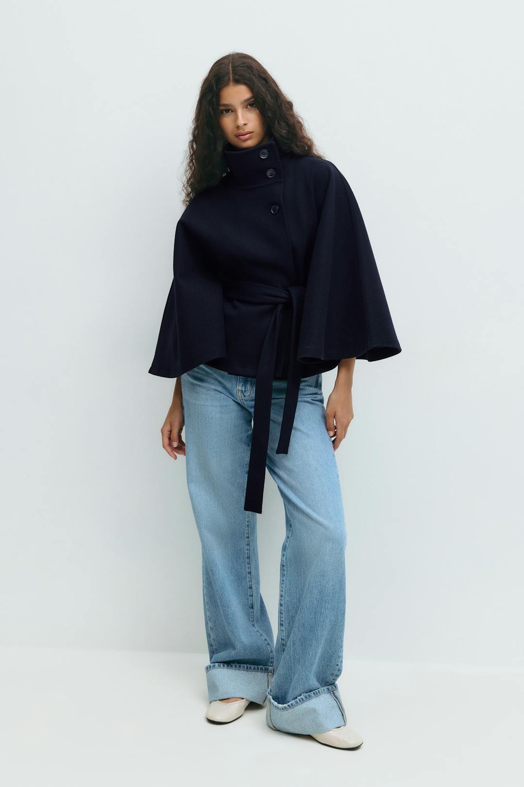 Women's Cape Coat - High-Collar Belted Winter Jacket