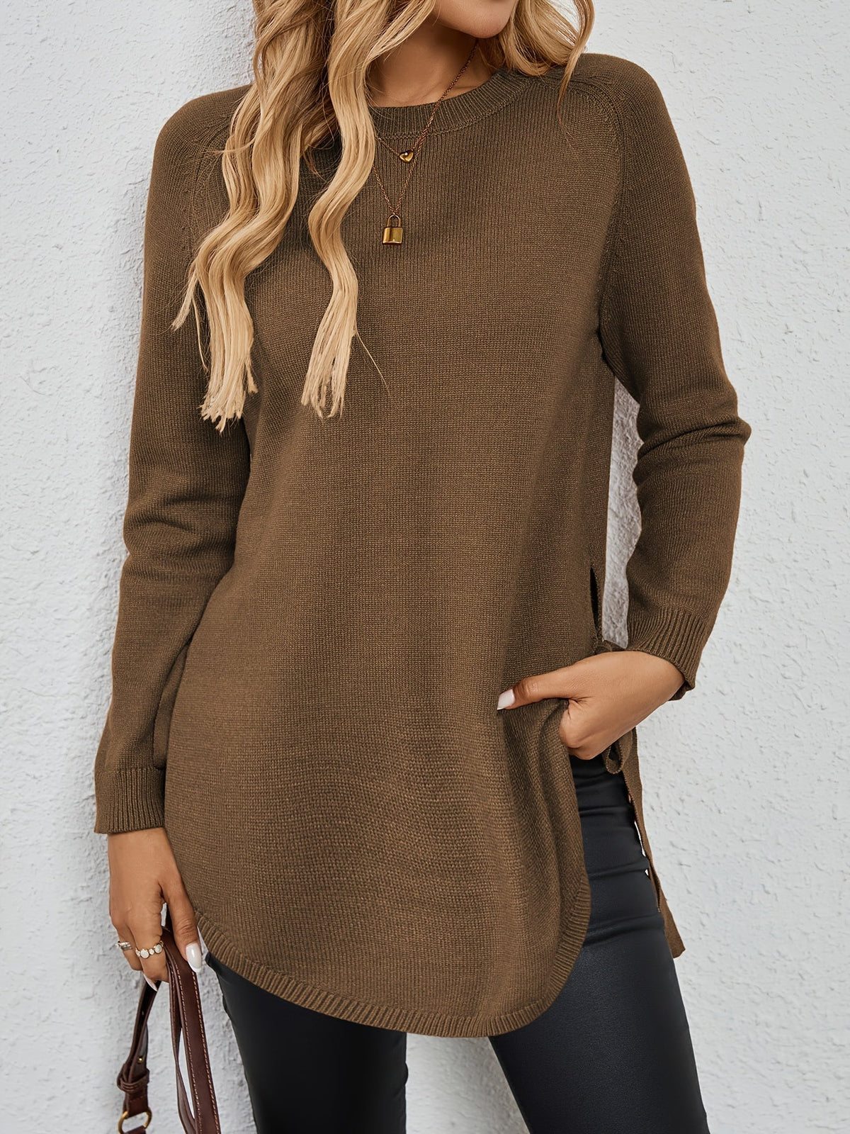 Women's Longline Sweater - Round Neck Side-Slit Knit Top