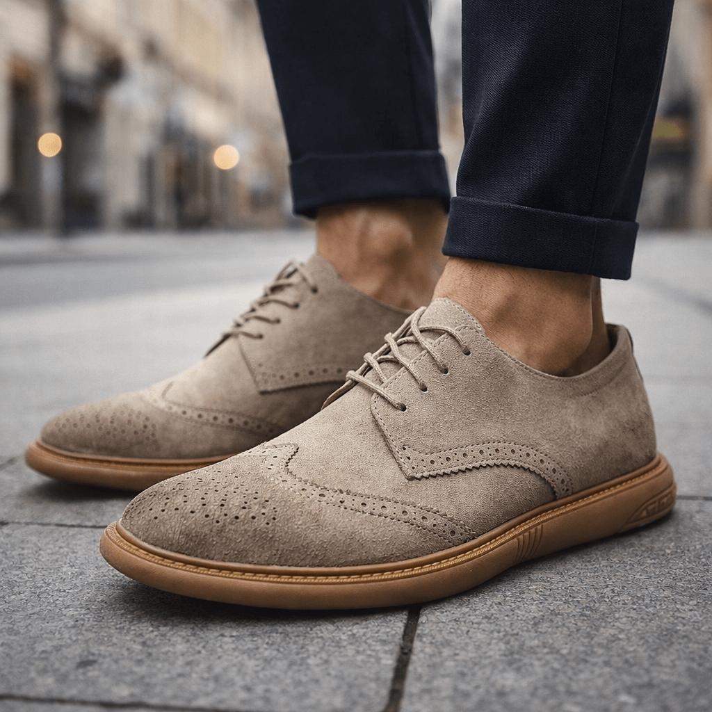 Men's Derby Shoes- Suede-Look Wingtip Lace-Ups
