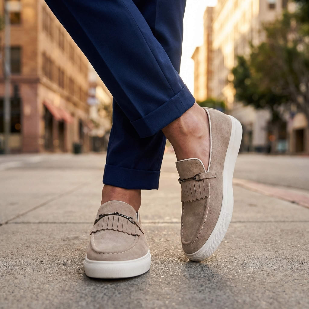 Men's Penny Loafers- Suede-Look Upper and White Sole