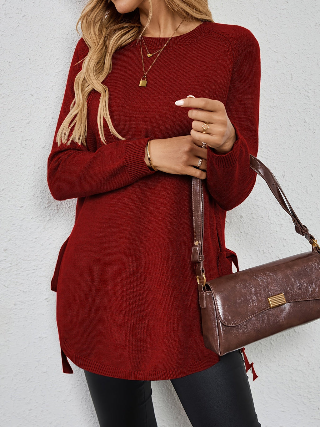 Women's Longline Sweater - Round Neck Side-Slit Knit Top