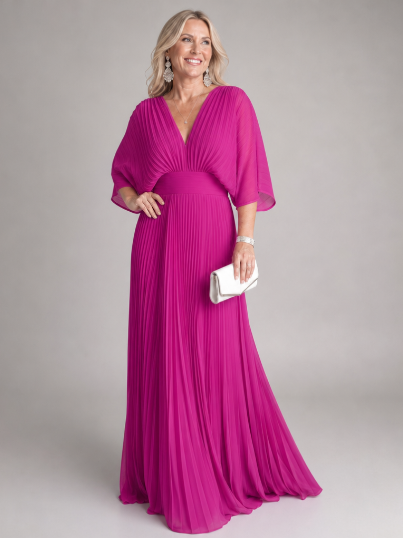 Women's Pleated Maxi Dress- V-Neck and Long Sleeves