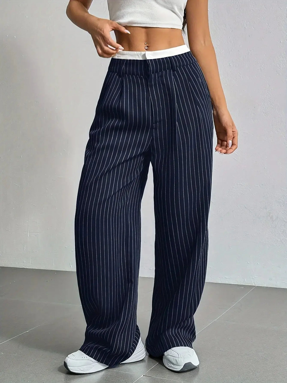 Women's Pinstripe Trousers- High Waist and Wide Leg