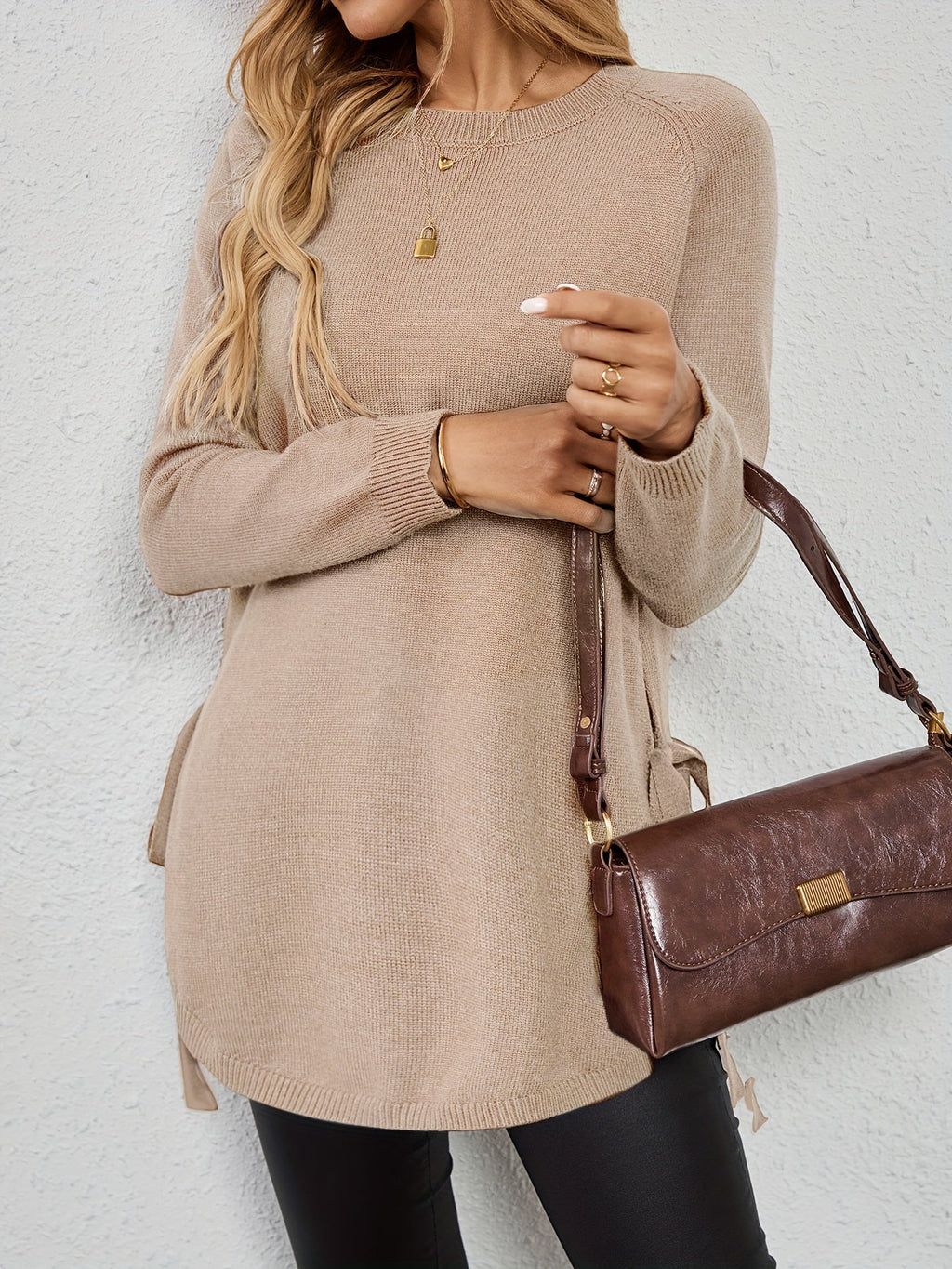 Women's Longline Sweater - Round Neck Side-Slit Knit Top