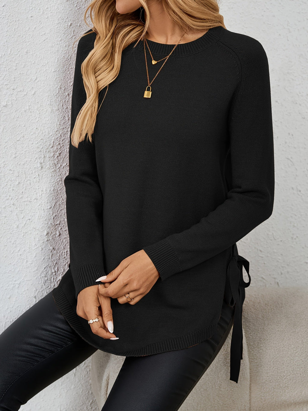 Women's Longline Sweater - Round Neck Side-Slit Knit Top