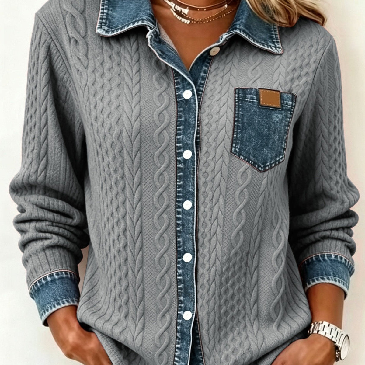 Women's Cable-Knit Cardigan - Contrast Collar Button-Front Knitwear
