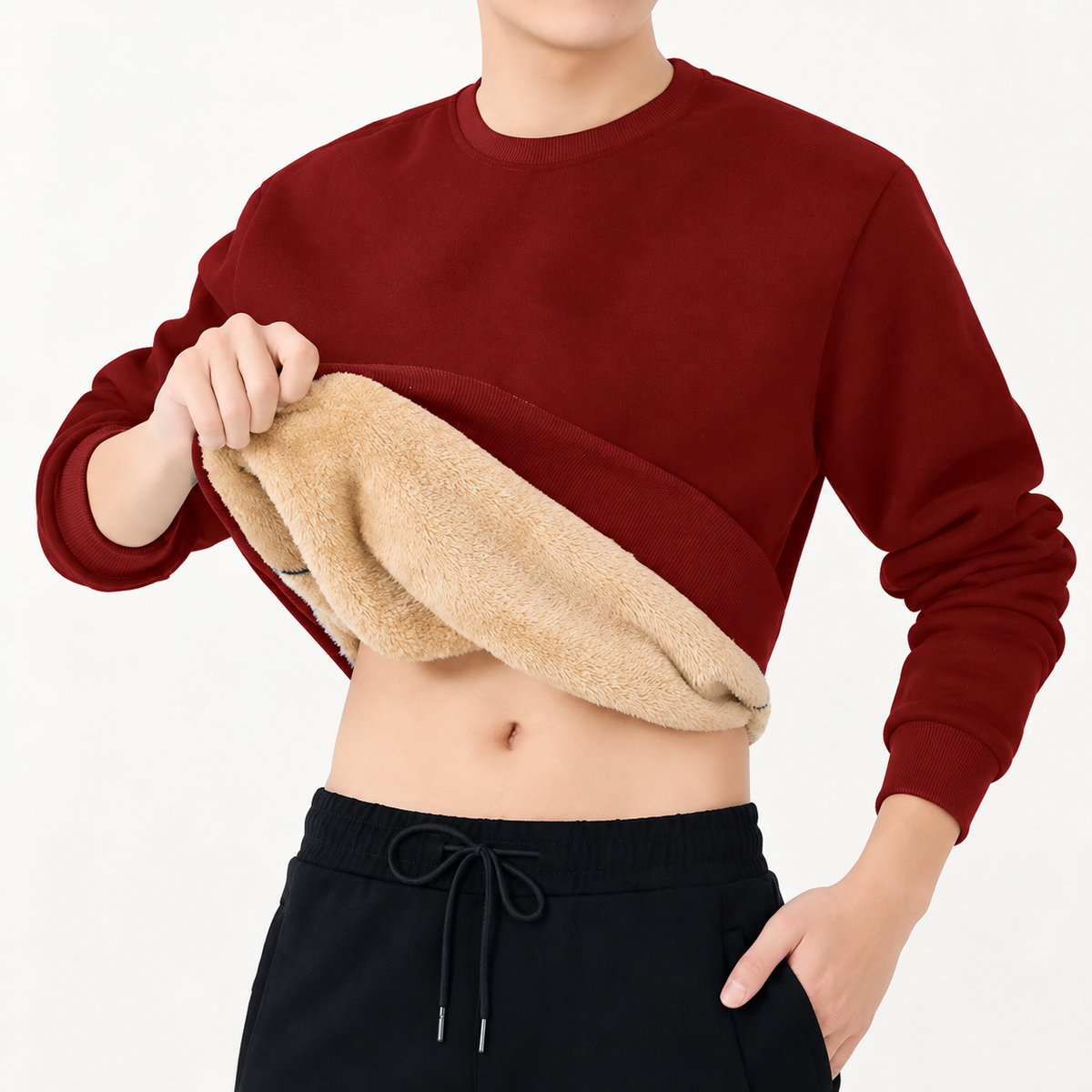 Men's Fleece Sweatshirt- Crew Neck and Ribbed Trim