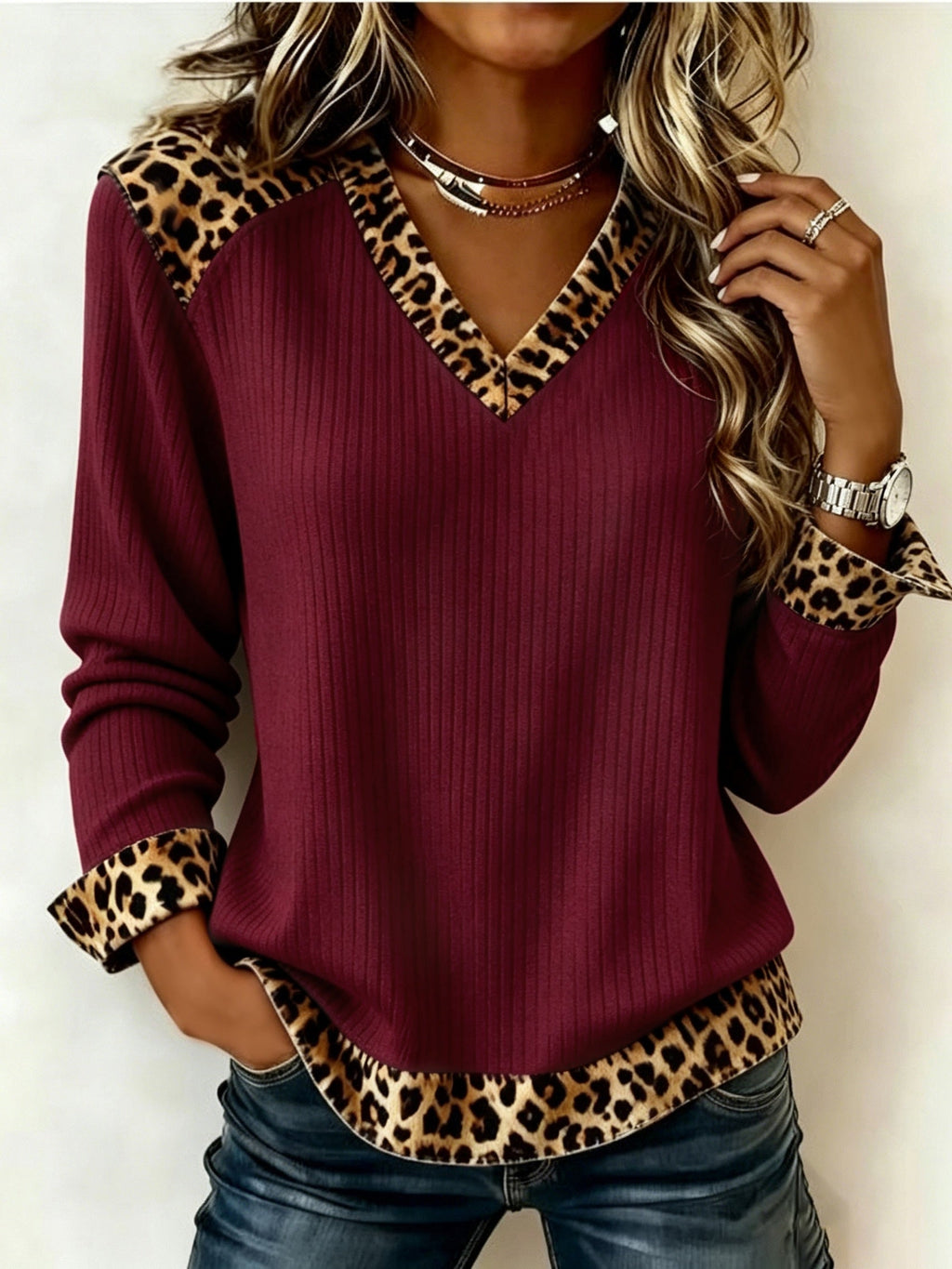 Women's V-Neck Top- Animal-Print Trim