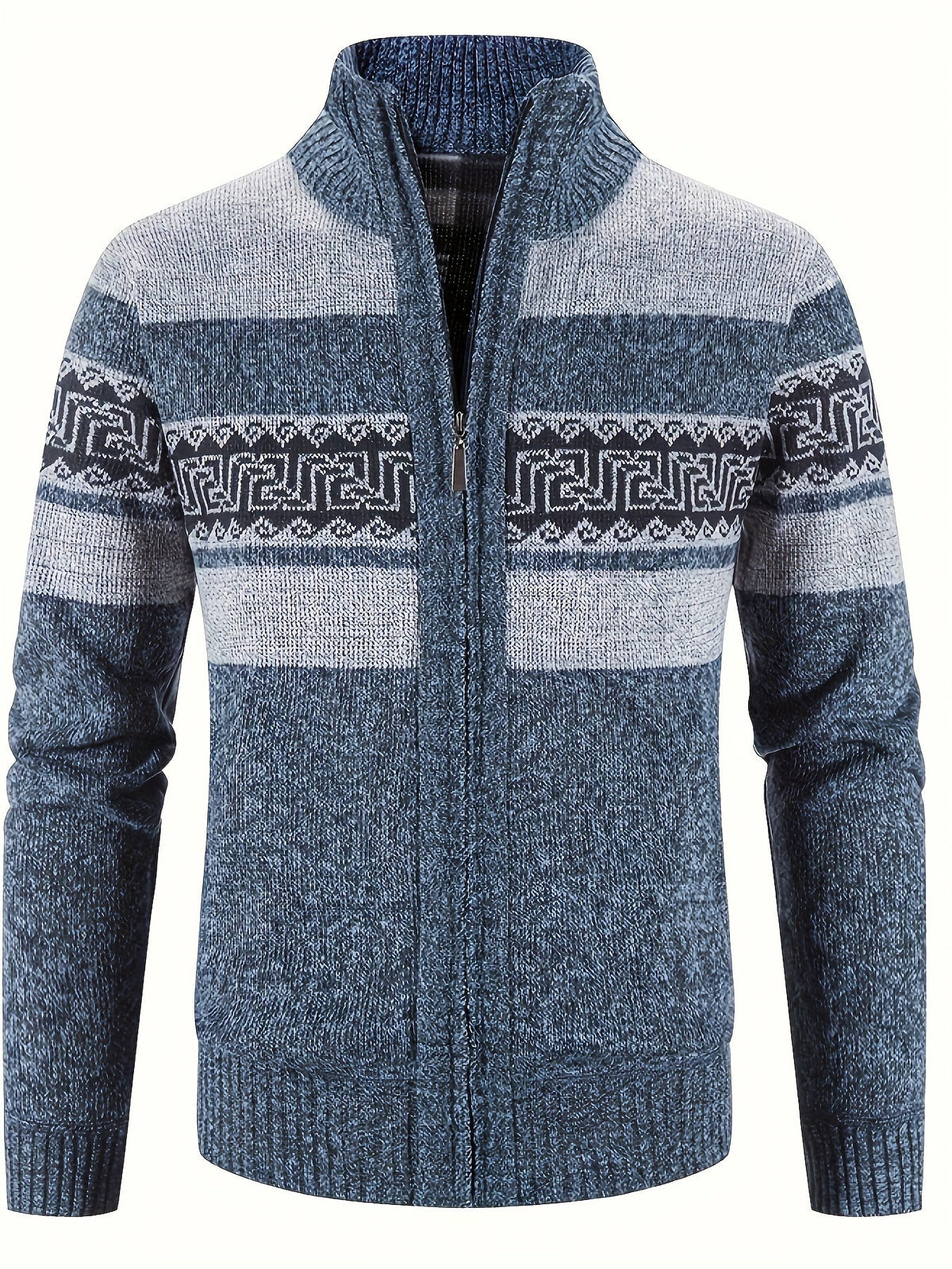 Men's Patterned Cardigan - Full-Zip Stand-Collar Knitwear
