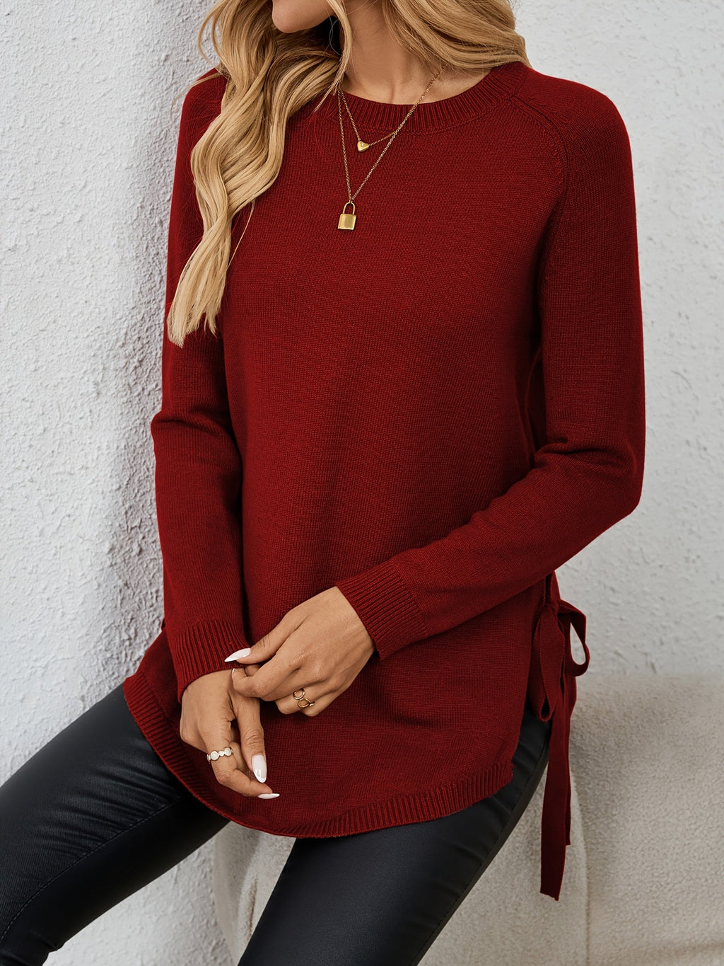 Women's Longline Sweater - Round Neck Side-Slit Knit Top