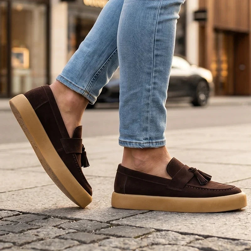 Men's Tassel Loafers- Suede-Look Upper and Tan Sole