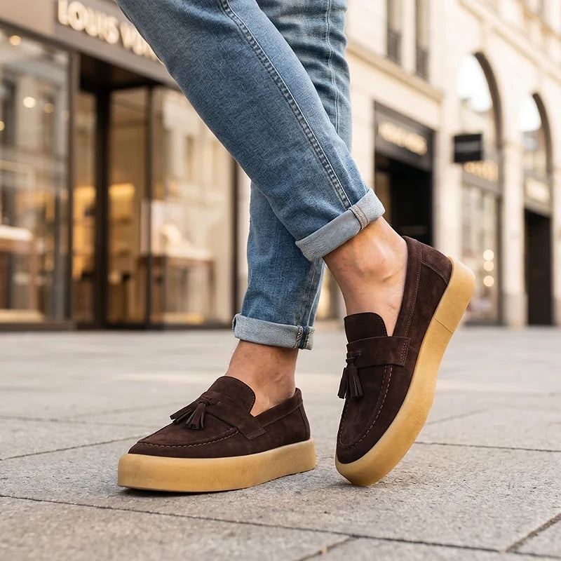 Men's Tassel Loafers- Suede-Look Upper and Tan Sole