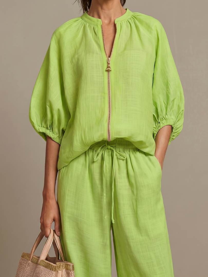 Women's Two-Piece Trouser Set- Zip-Front Blouson