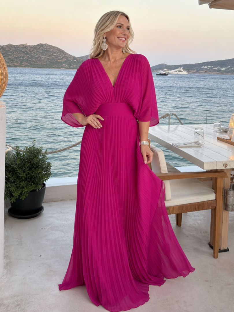 Women's Pleated Maxi Dress- V-Neck and Long Sleeves