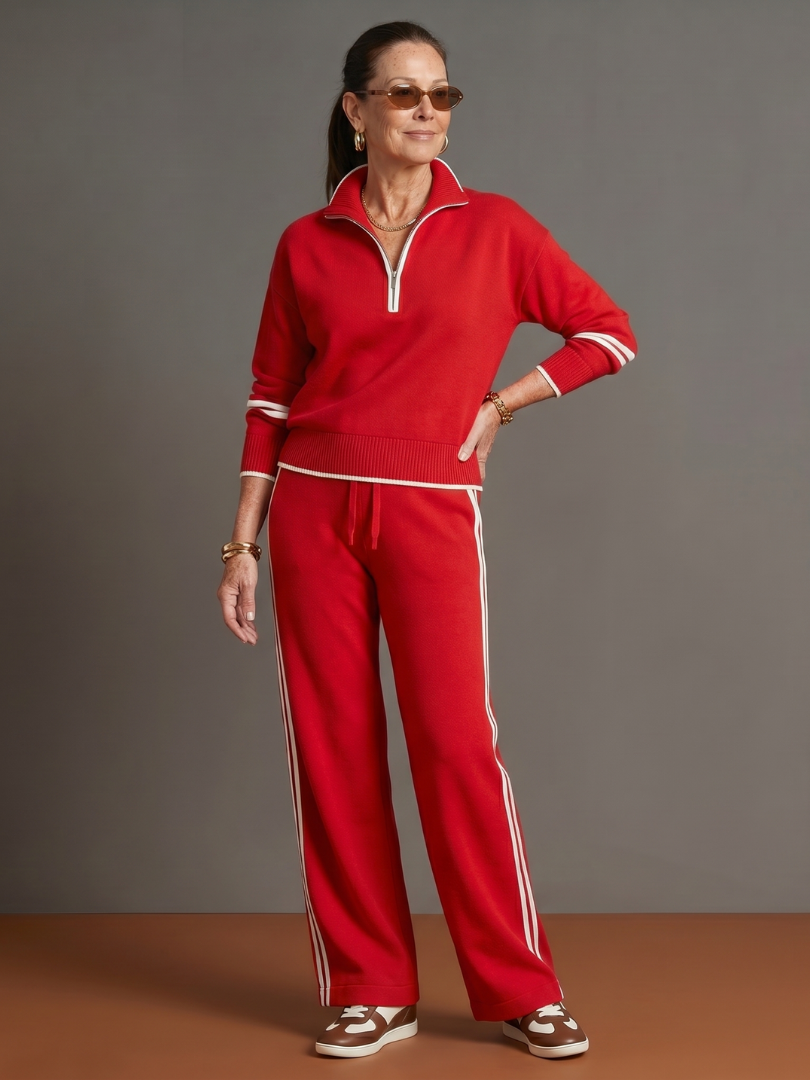 Women's Two-Piece Tracksuit- Zip-Neck Top and Side-Stripe Trousers