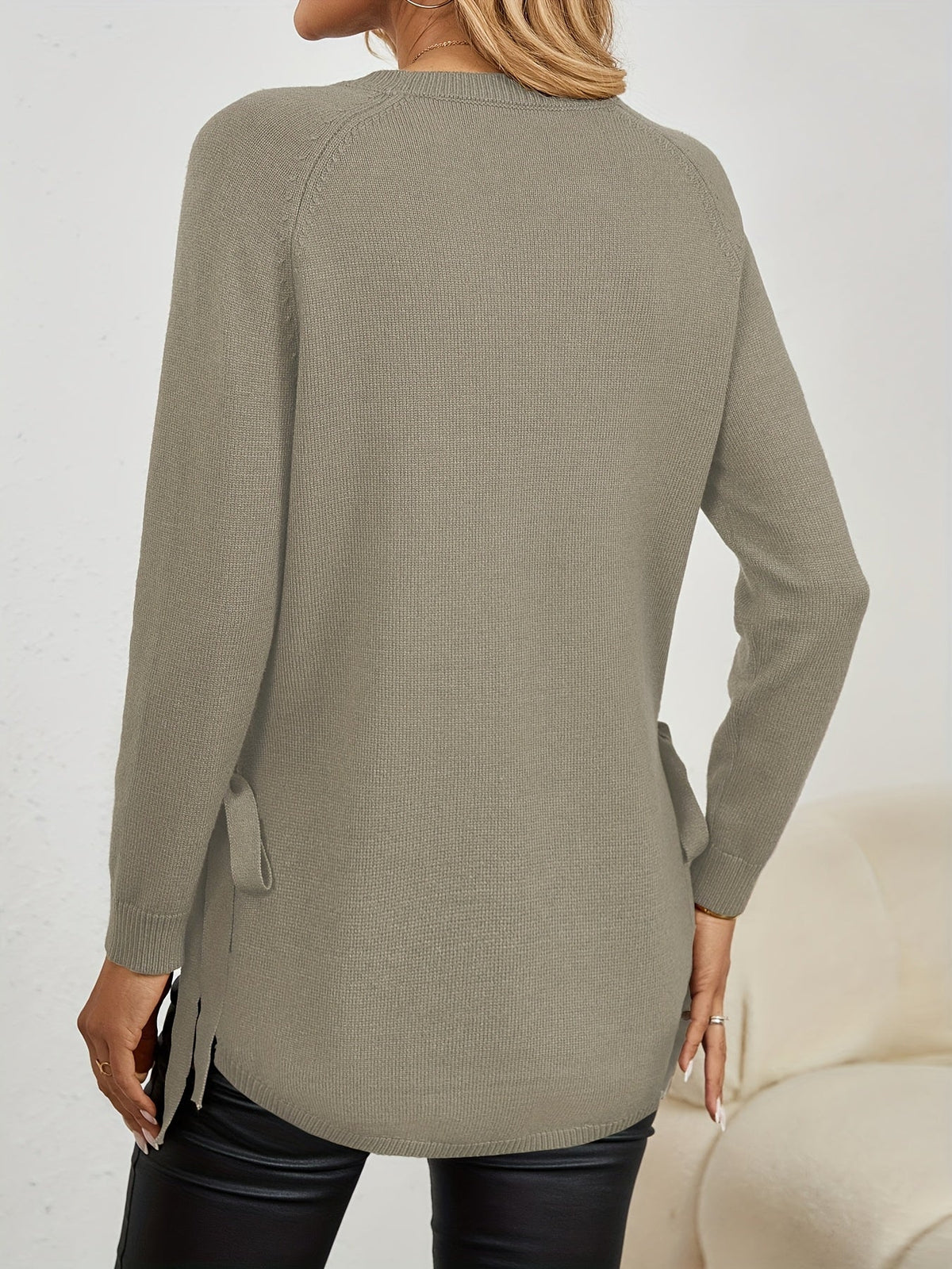 Women's Longline Sweater - Round Neck Side-Slit Knit Top