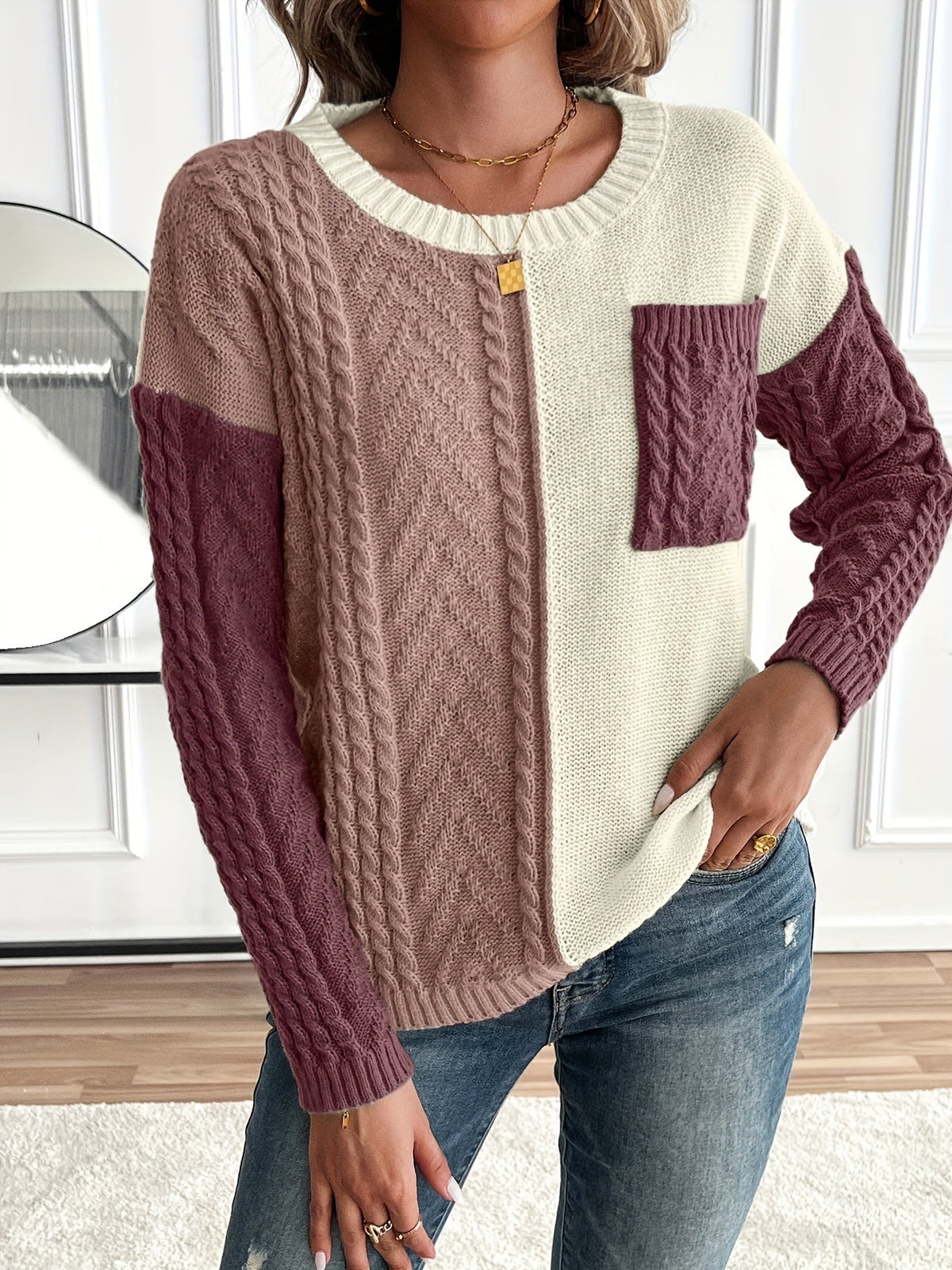 Women's Colour-Block Cable-Knit Jumper