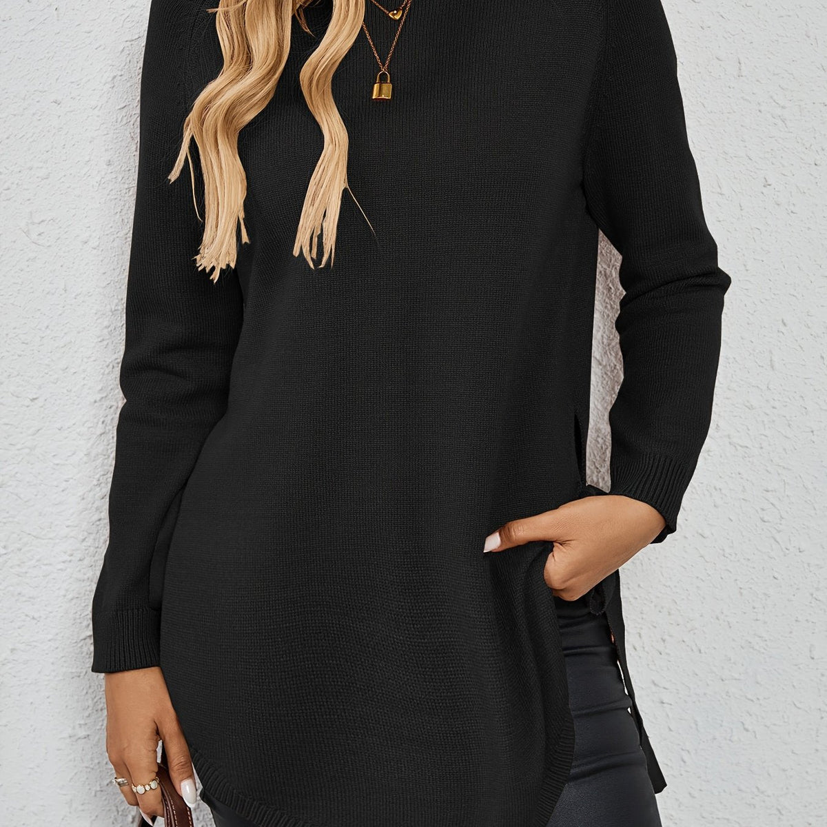 Women's Longline Sweater - Round Neck Side-Slit Knit Top