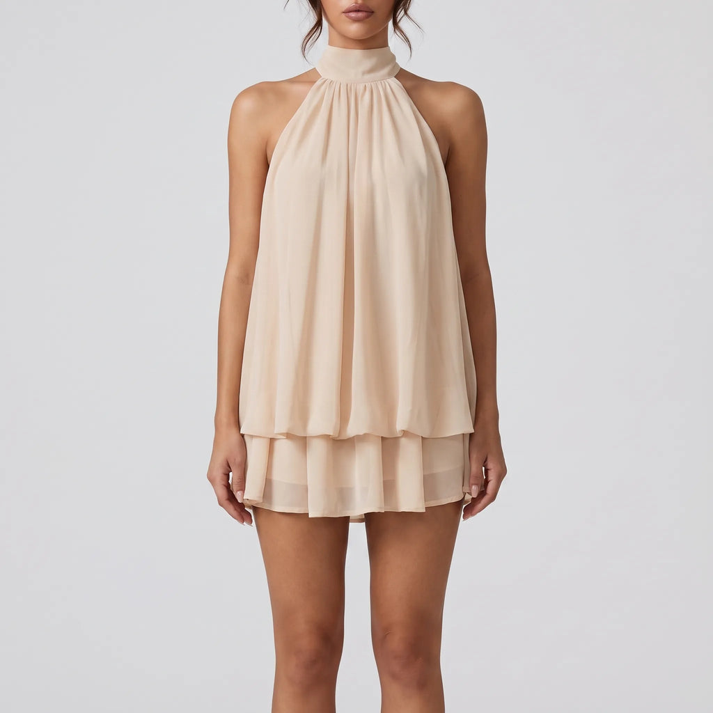 AuraFlounce - Halter Neck Ruffle Mini Dress