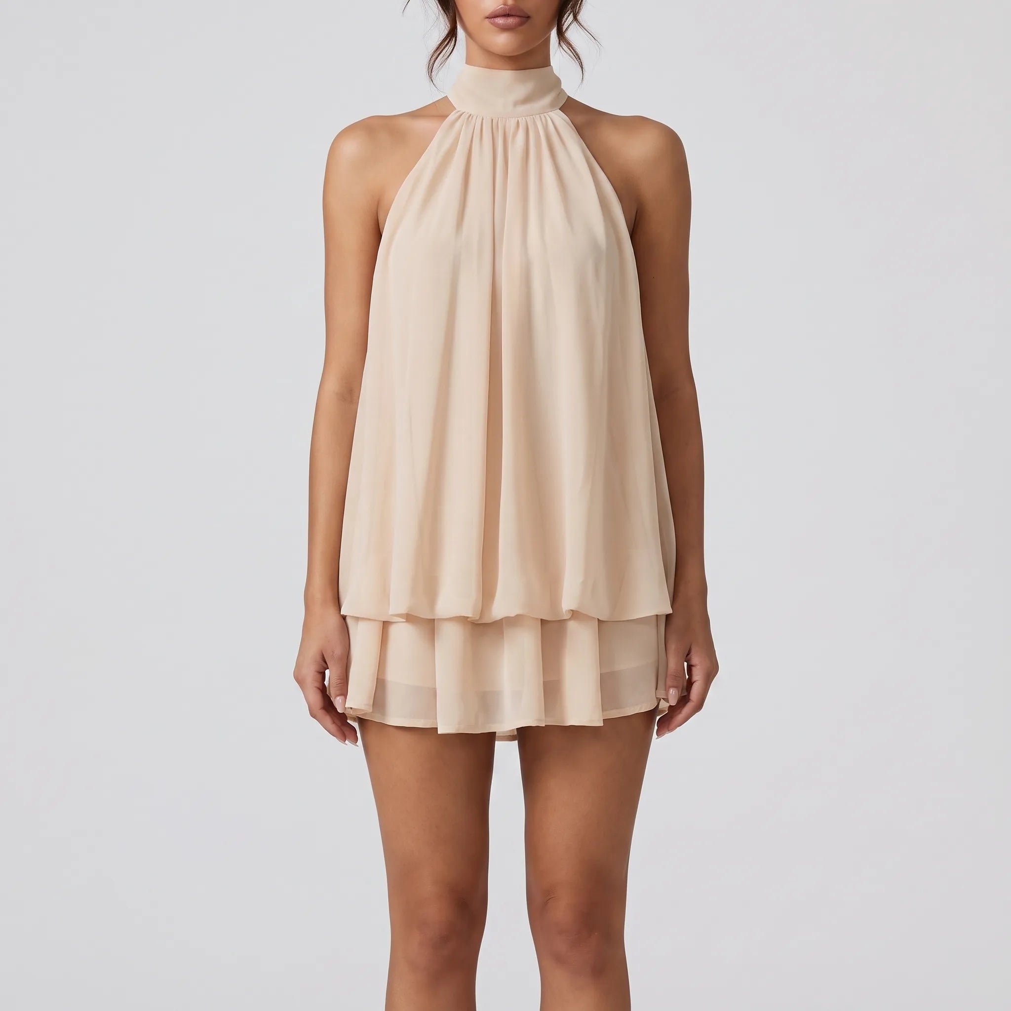 AuraFlounce - Halter Neck Ruffle Mini Dress