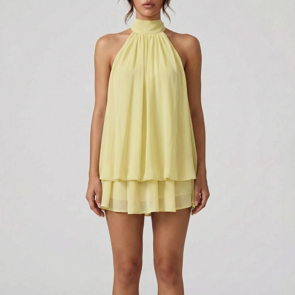 AuraFlounce - Halter Neck Ruffle Mini Dress