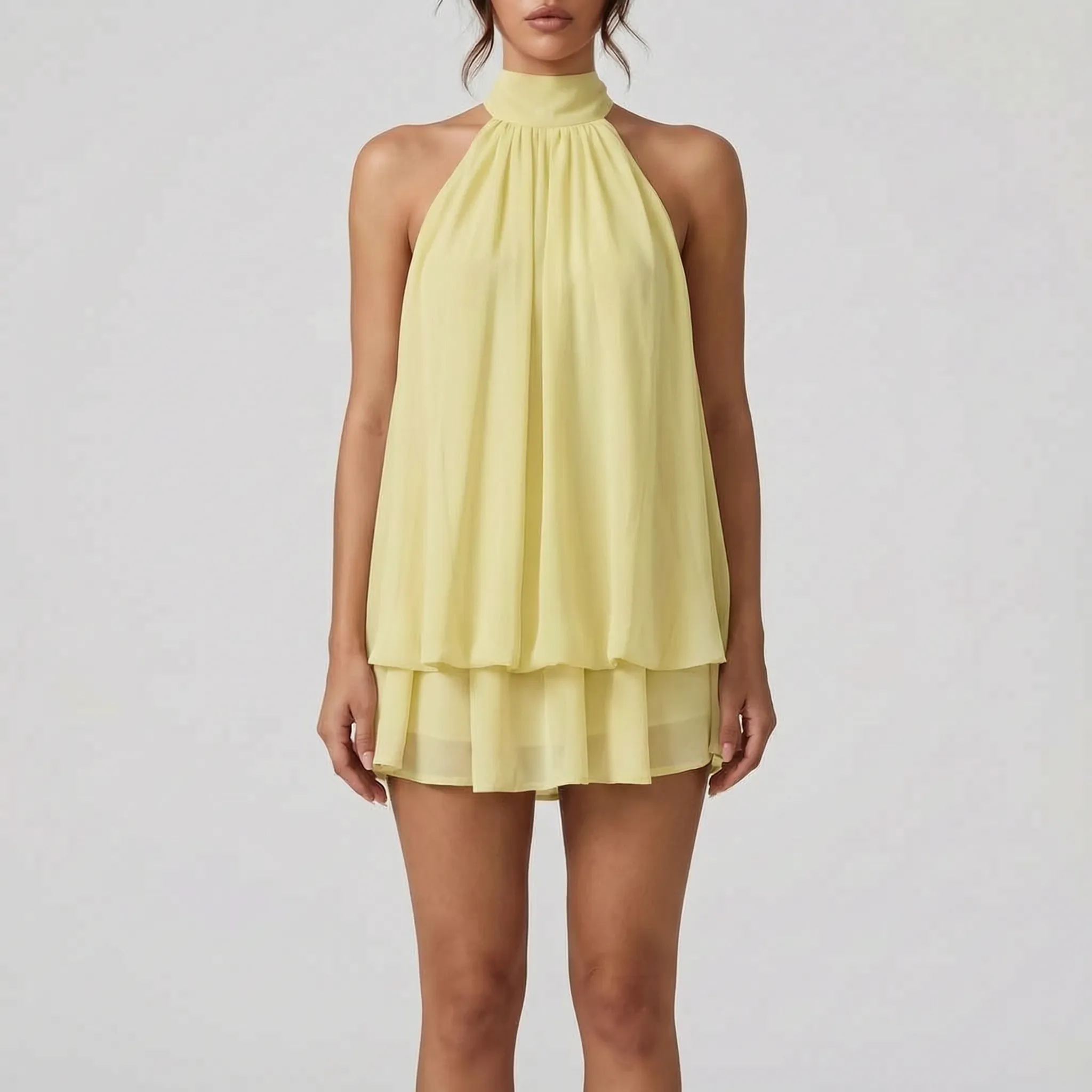 AuraFlounce - Halter Neck Ruffle Mini Dress