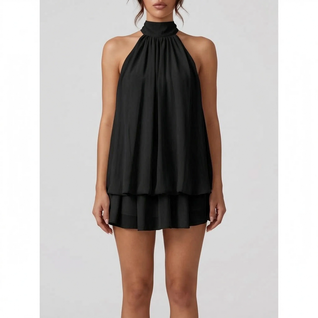 AuraFlounce - Halter Neck Ruffle Mini Dress